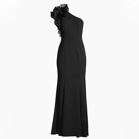 Aidan Mattox by Adrianna Papell Black One Shoulder Gown - Picture 4 of 13